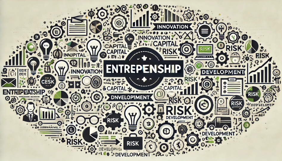 Illustration featuring the word 'Entrepreneurship' prominently in the center, surrounded by related keywords like 'Innovation', 'Capital', 'Risk', and 'Development'. The image includes simple, abstract icons representing entrepreneurship concepts