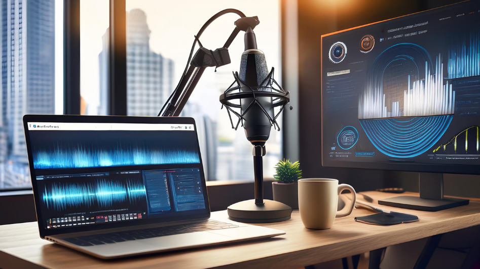 A podcast setup with a microphone, laptop, and monitor displaying sound waves and analytics, symbolizing the production and growth of top startup podcasts.