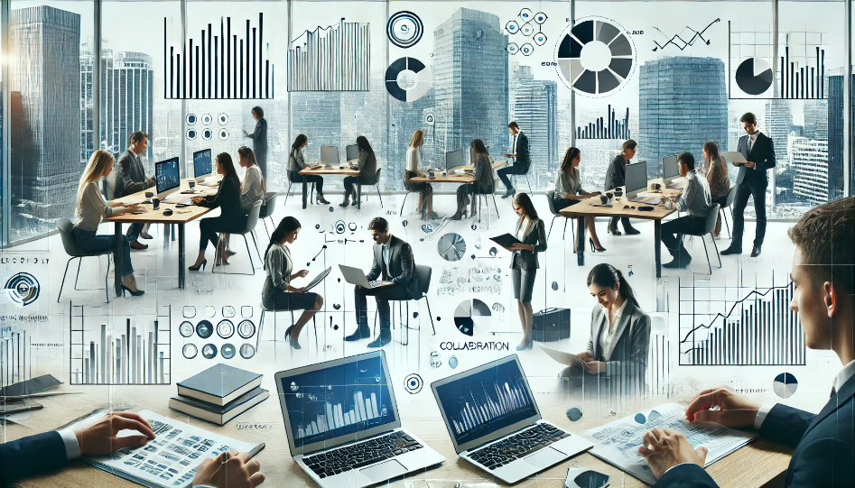 Business professionals collaborating in a modern office with laptops and documents, set against a backdrop of city buildings and charts representing business growth.