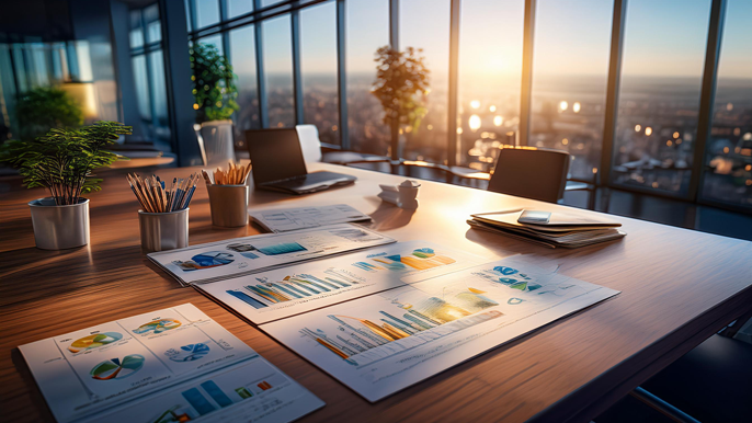 An empty modern office with business charts, graphs, and documents spread across a table, symbolizing strategic business planning and growth.