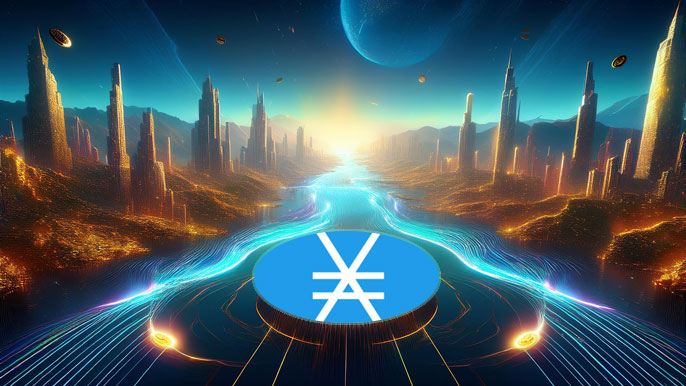 Futuristic landscape featuring a glowing digital river with a Nano (XNO) token at the center, symbolizing fast and eco-friendly payments.