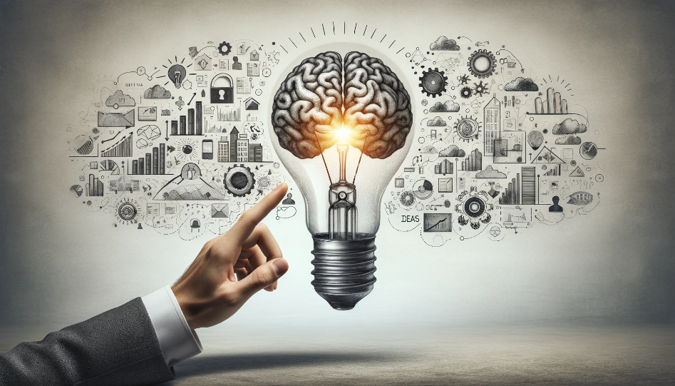 A light bulb with creative elements like gears and buildings inside, symbolizing innovation and business growth, with a hand pointing towards it.