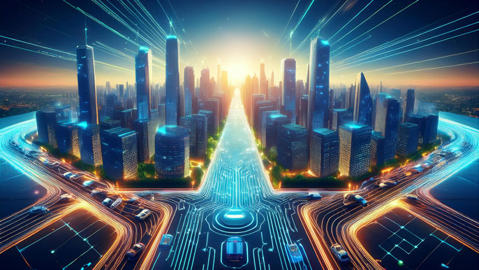 A futuristic city illuminated with digital circuits, symbolizing KPIT's leadership in smart mobility and technology innovation.