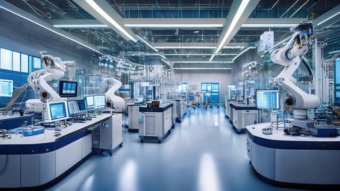 A modern medical devices manufacturing facility with robotic arms and advanced machinery assembling diagnostic and surgical tools, highlighting precision and technological innovation in the healthcare industry.