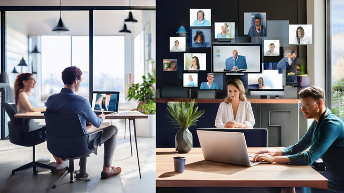 Split-screen image showing employees working remotely on laptops and participating in a virtual meeting with multiple colleagues on video call screens, symbolizing the flexibility and remote collaboration enabled by modern communication tools.