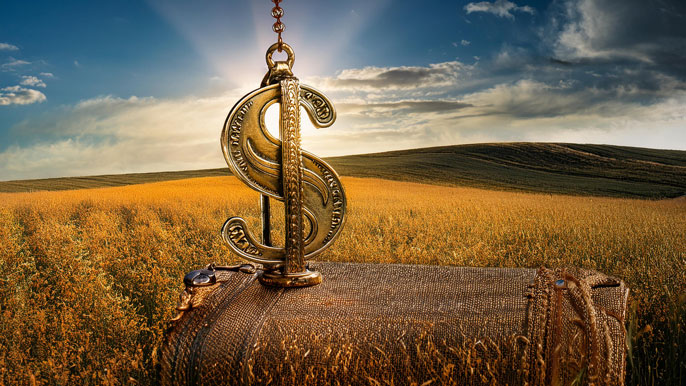 Golden dollar sign suspended over a field, symbolizing wealth concentration and financial power in a global context.