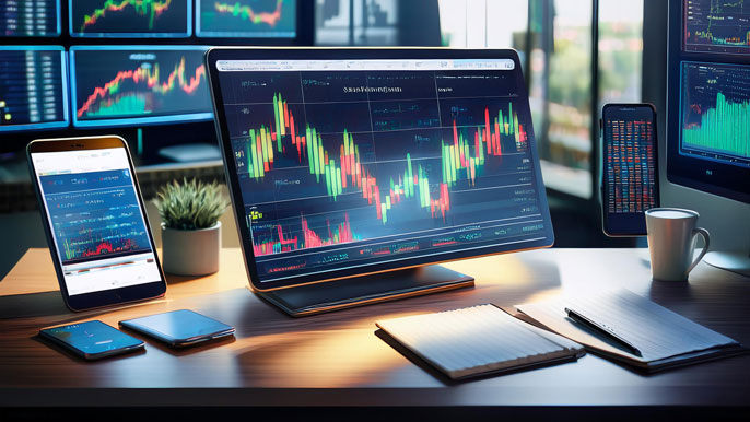 Multiple devices displaying real-time stock market charts, stock prices, and financial analysis. A large monitor, smartphone, and tablet show various stock trading apps and websites, emphasizing the use of digital tools for stock market guidance.