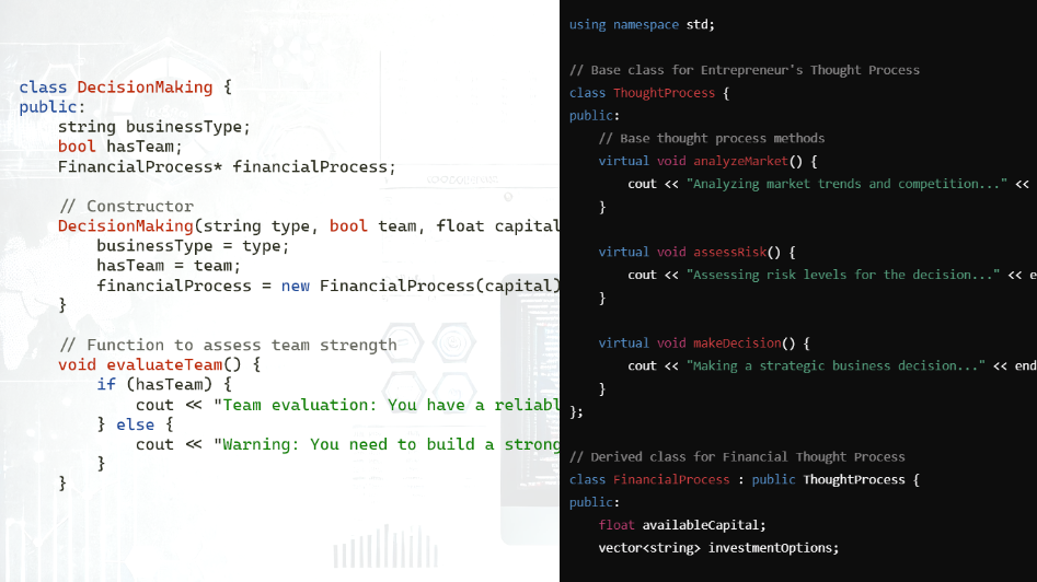 Side-by-side display of C++ code showing classes and functions for simulating an entrepreneur's decision-making process, including financial analysis and team evaluation.