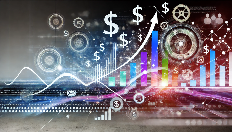 Abstract representation of business and finance success, featuring rising graphs, dollar signs, gears, and interconnected pathways symbolizing growth and profitability.