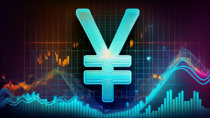 Abstract image representing investment in Japan's stock market, featuring a prominent Japanese yen symbol, stock market graphs, and financial charts symbolizing global trading and economic growth.