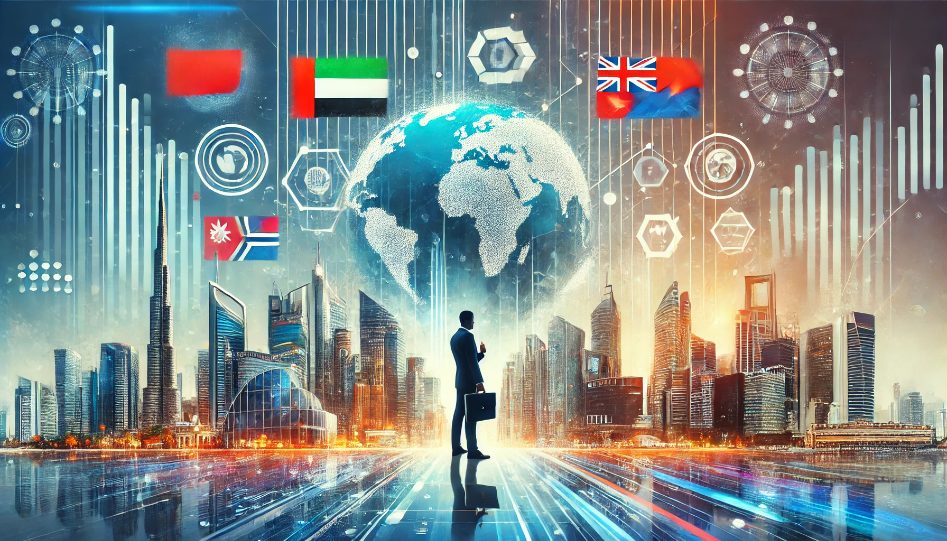 Abstract visual of global business growth with vibrant lines and symbols representing a tax-free environment.