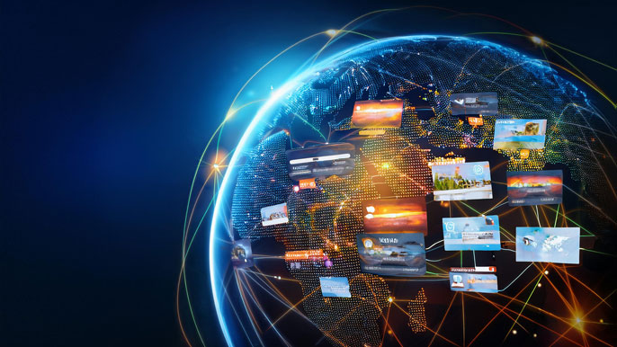 A glowing globe with digital ID cards connected by bright lines to various countries, symbolizing the concept of global e-residency programs that allow entrepreneurs to start and manage businesses remotely from around the world.