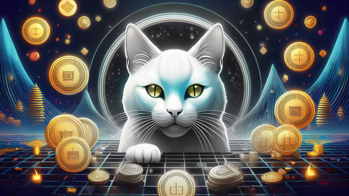 A futuristic white cat surrounded by glowing golden crypto coins on a digital grid, symbolizing the rise of Shiro Neko in the cryptocurrency world.