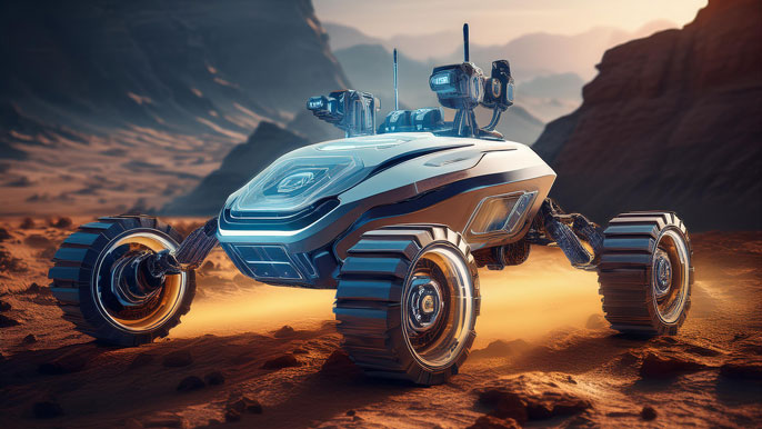 A futuristic robot rover navigating rugged terrain, equipped with advanced sensors and technology, symbolizing cutting-edge R&D and innovation in robotics.