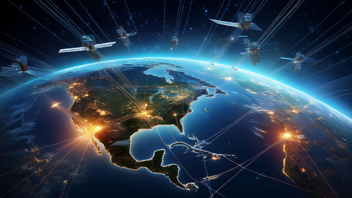 Satellite constellations orbiting Earth with connecting lines, illustrating space traffic management over illuminated city lights across North America.