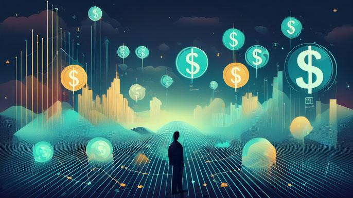 Floating dollar symbols and business metrics hover in a surreal digital landscape, symbolizing how observation and focus on specific metrics can impact business outcomes, inspired by the Heisenberg effect.