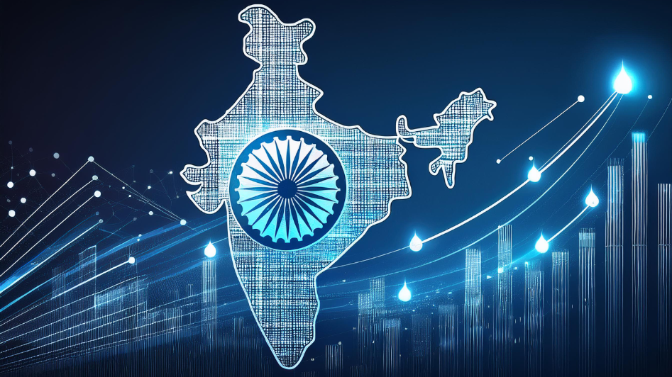 India's business growth featuring a digital map of India with the national emblem in the center. The image includes rising bar charts and abstract glowing lines symbolizing economic progress, innovation, and the tech industry in India.