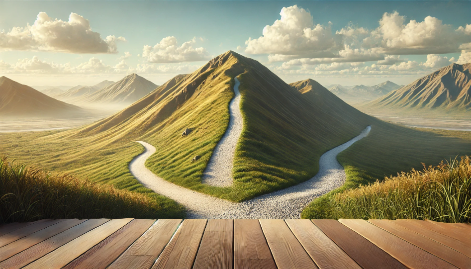 Two real paths on a hill, one smooth and gently sloping, the other rough, winding, and steep, leading towards a challenging peak, symbolizing the choices and challenges in the journey to business success under a clear sky.