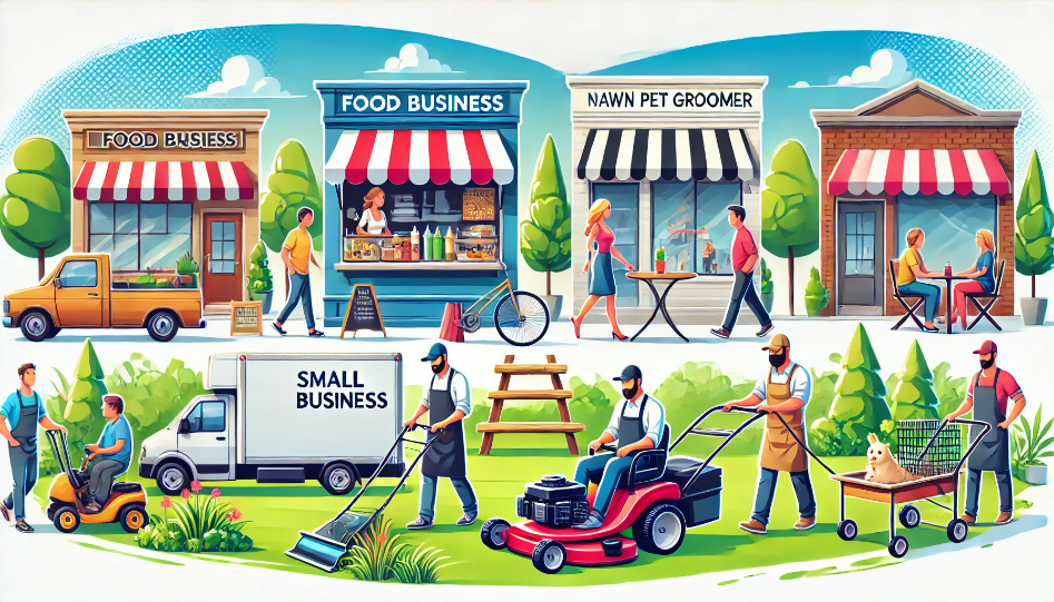 Vibrant urban scene with a food truck, lawn care worker, and mobile pet groomer showcasing non-online small businesses.