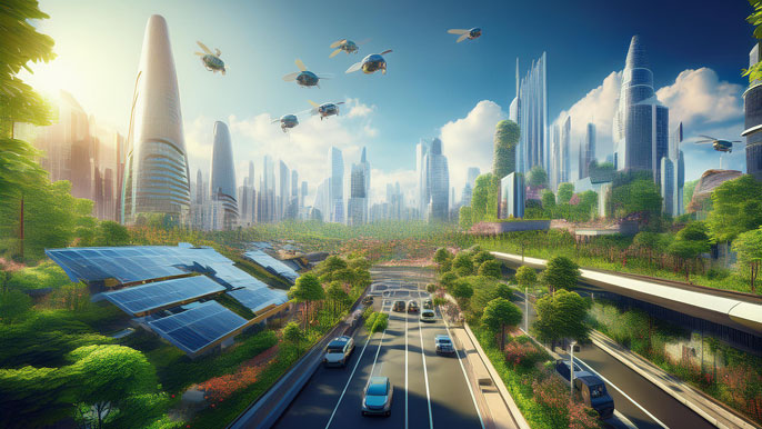 Futuristic cityscape featuring eco-friendly skyscrapers, solar panels, autonomous vehicles, and drones monitoring the streets. The scene highlights sustainable architecture, green spaces, and smart technology, showcasing innovatio