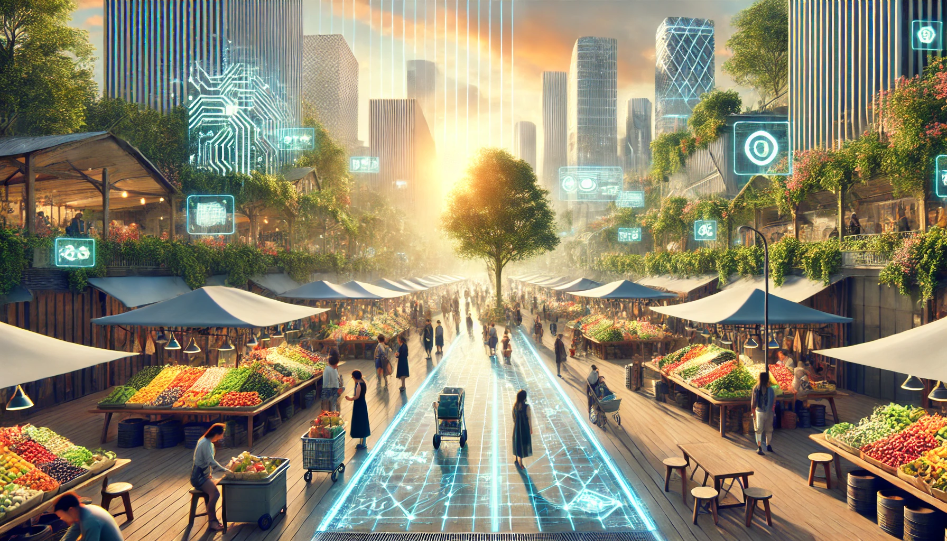 A futuristic open-air market blending nature and technology, with shoppers browsing stalls surrounded by greenery, digital displays, and augmented reality, creating a warm and inviting atmosphere.