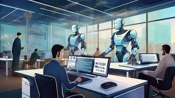 An office setting where robots handle routine tasks on computers while employees focus on strategic and creative work, symbolizing the role of AI in automating repetitive jobs and complementing human roles in business.