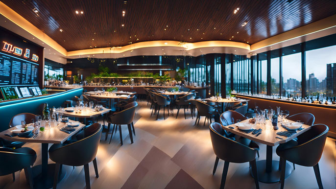 A modern, tech-integrated restaurant with digital menus, sleek décor, and ambient lighting, offering a high-tech dining experience.