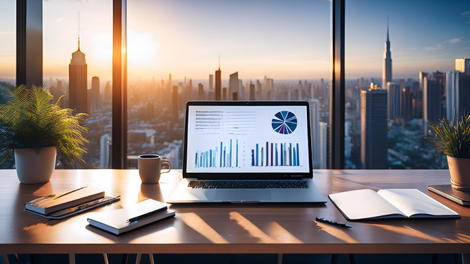 A modern office desk with a laptop displaying business charts and a notebook, set against a cityscape backdrop at sunrise, symbolizing leadership, innovation, and success in the business world.