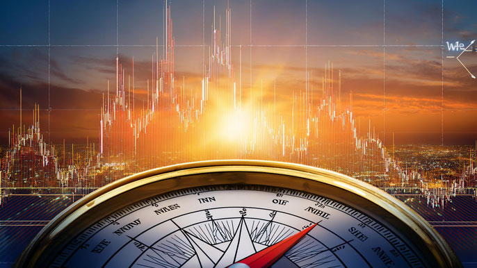 A compass pointing to "Discipline" against a stock market graph and sunrise, symbolizing emotional mastery and success in investing.