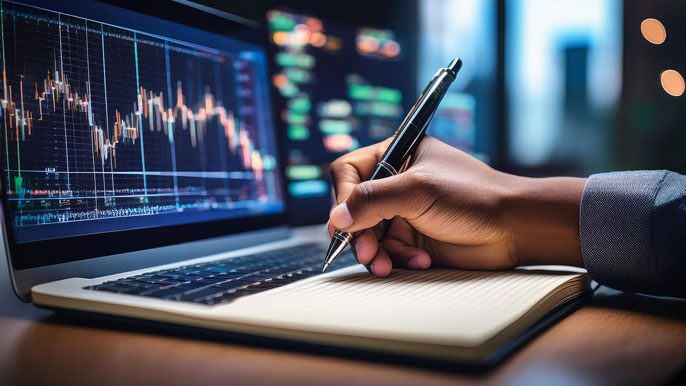 Close-up of a hand writing in a notebook with stock charts displayed on a laptop screen, highlighting strategic planning in trading.