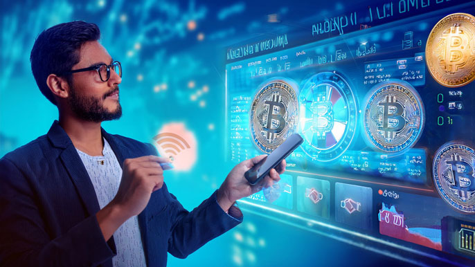 A man using a mobile app to buy Bitcoin, displayed on a futuristic digital screen with holographic cryptocurrency charts and icons, symbolizing the ease of purchasing cryptocurrency in India.