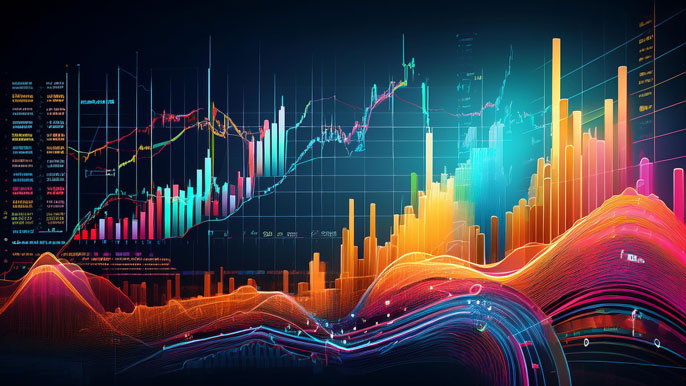 A vibrant stock market dashboard featuring colorful charts, graphs, and rising stock price indicators, symbolizing market trends and trading fundamentals.