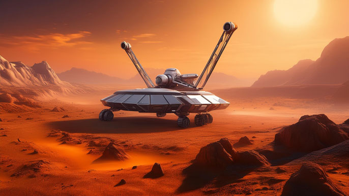 A futuristic lander on Titan's surface under an orange sky, exploring the rugged terrain and methane lakes.