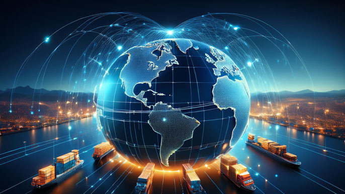 A glowing digital globe with connected shipping routes and cargo trucks, symbolizing IoT-enabled global logistics and tracking solutions.