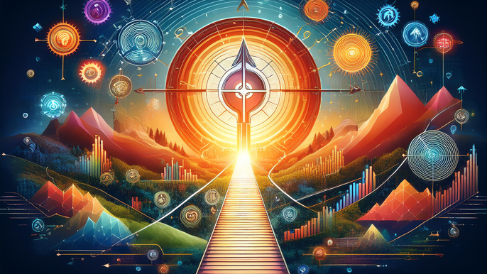 Abstract path leading to a glowing target symbolizing entrepreneurial vision and success, with floating icons of a compass, growth charts, and keys representing direction, progress, and achievement.