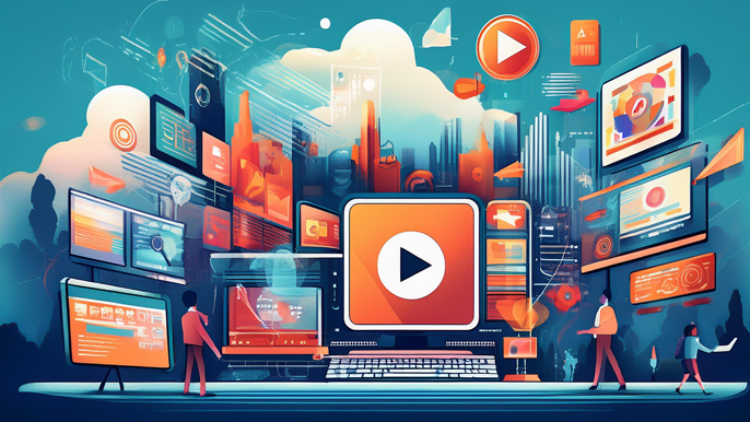 Abstract image representing video marketing, featuring a play button icon on a large screen surrounded by digital screens, creative elements, and vibrant colors symbolizing advertising and content creation.