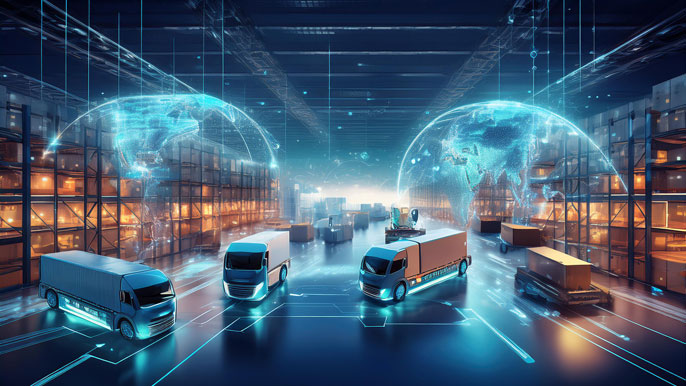 Futuristic logistics scene with IoT-connected trucks in a warehouse, showcasing real-time global data exchange and smart inventory management, highlighting the efficiency of IoT in supply chain management.