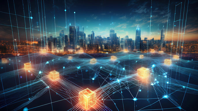 The image showcases a vibrant blockchain network with glowing interconnected nodes overlaid on a futuristic cityscape, symbolizing the decentralized power and global influence of blockchain technology.