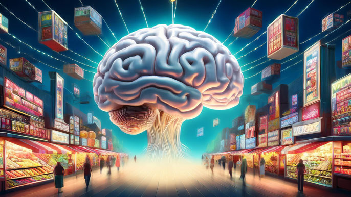 A glowing brain floats above a busy marketplace, symbolizing how emotions and neuroscience influence consumer decision-making.