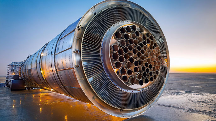 Close-up of a large rocket booster with intricate fuel sections, showcasing the robust and detailed engineering involved in solid rocket fuel technology.