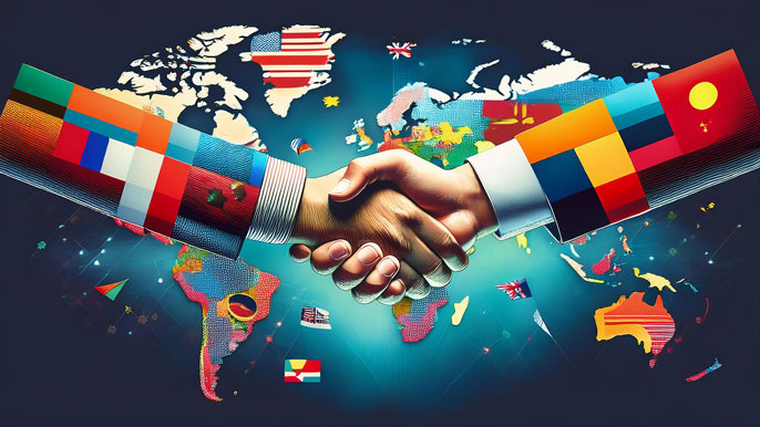 A handshake in front of a world map adorned with various country flags, symbolizing global partnerships, international collaboration, and the role of honorary consulates in fostering business and diplomatic connections.