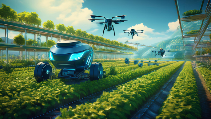 A futuristic agricultural scene featuring autonomous tractors and drones monitoring crops in a vertical farming environment, symbolizing the technological advancements shaping the future of agriculture in 2025.