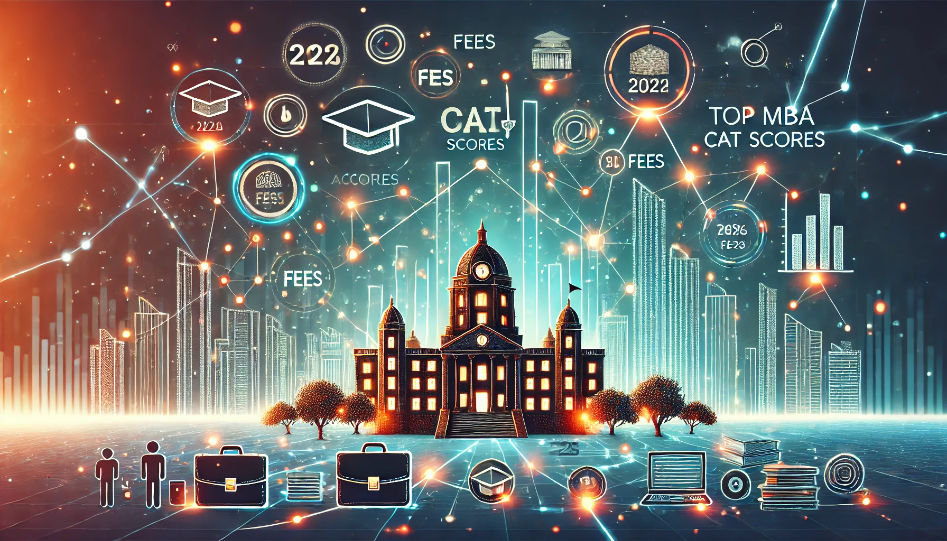 A creative representation of top MBA colleges, featuring symbols like graduation caps, exam papers, and bar charts for fees, set against cityscapes symbolizing rankings and career success.