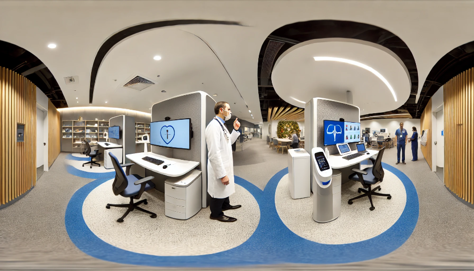 Modern healthcare facility with advanced technology, including telemedicine stations, AI-driven diagnostics, and wearable health monitors, designed with sustainability in mind.