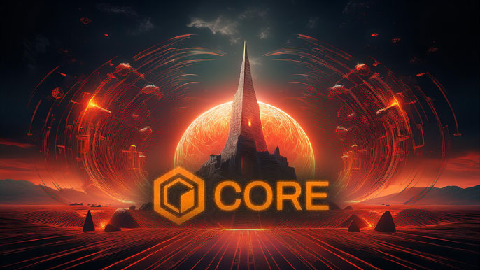 A glowing red digital fortress with the "Core" logo at the center, surrounded by futuristic black and red energy waves on a dark, cybernetic landscape.