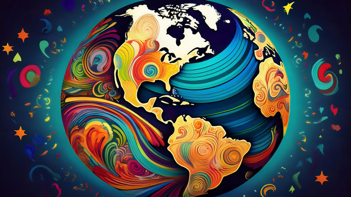 A vibrant, kaleidoscope-style globe with swirling cultural patterns and colors, representing the diversity of global market segments in international business ventures.