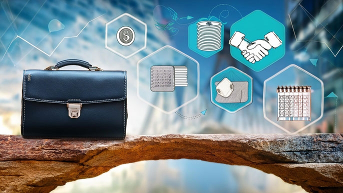 Briefcase on a bridge with financial icons, symbolizing bridge loans as short-term business funding solutions.