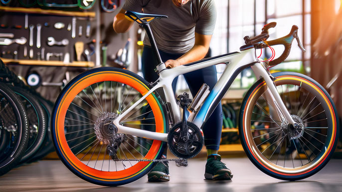 A technician adjusts a high-performance bike with vibrant orange wheels in a modern workshop, highlighting innovation in bicycle manufacturing.