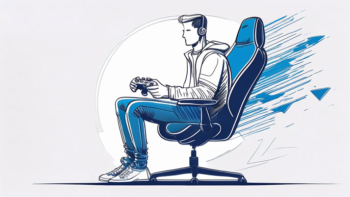 A dynamic illustration of a focused gamer sitting on a modern blue office chair, holding a controller, with motion lines emphasizing speed and intensity.