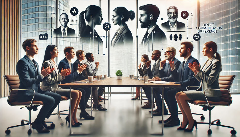 A diverse business meeting with men and women at a conference table, showcasing different communication styles through gestures and teamwork.